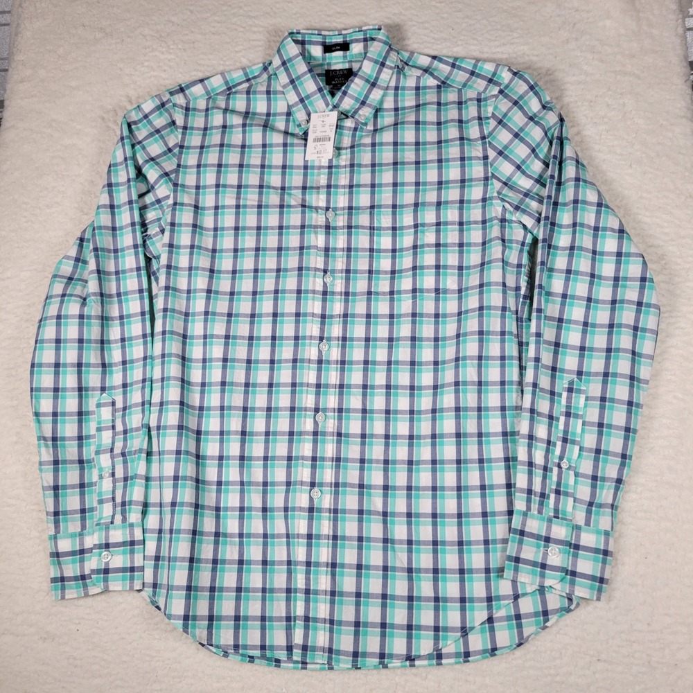J.Crew‎ Flex Washed Shirt Mens Medium Slim Teal Navy Plaid Button Down